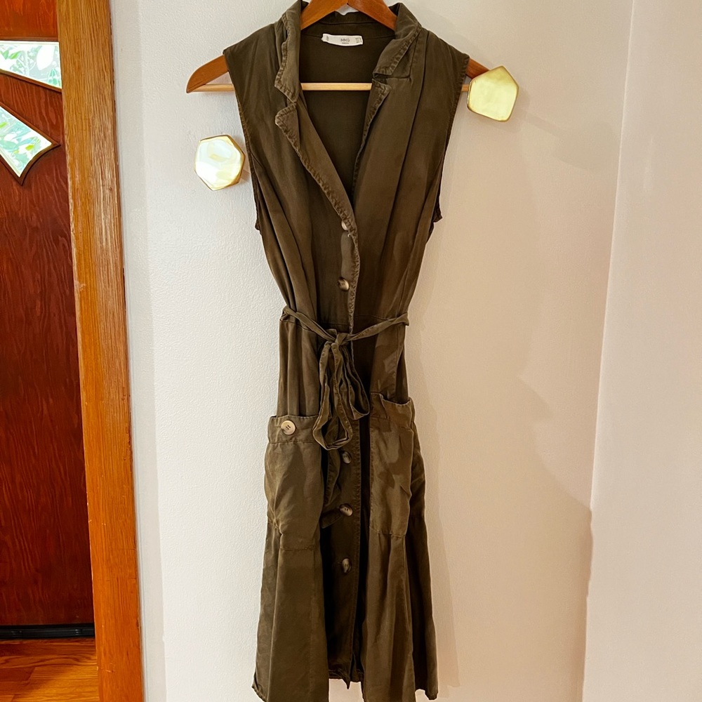 Mango Small Olive Green Sleeveless Shirt Dress- S